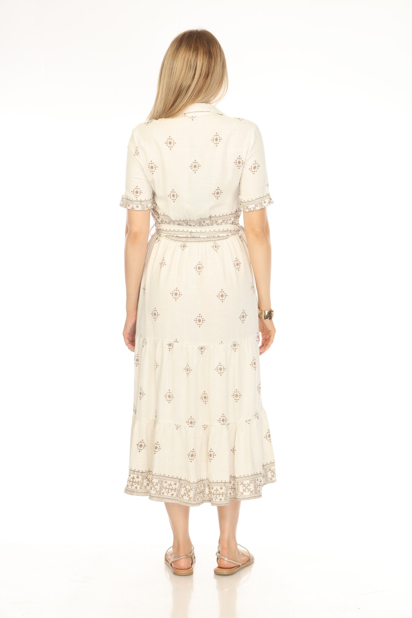 Beige Brown Print Button Belt Dress