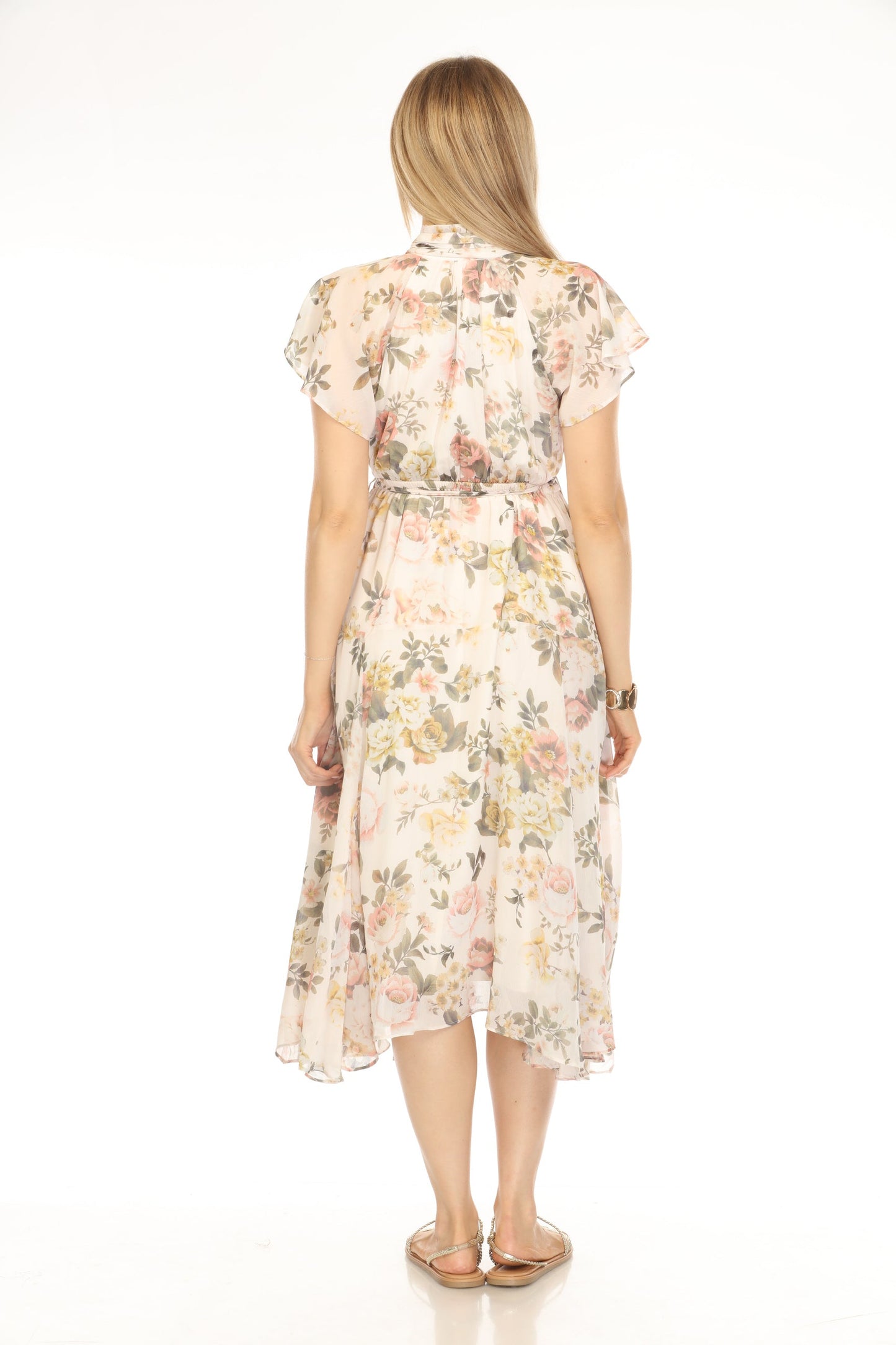 Beige Floral Waist Band Flared Fusion Dress