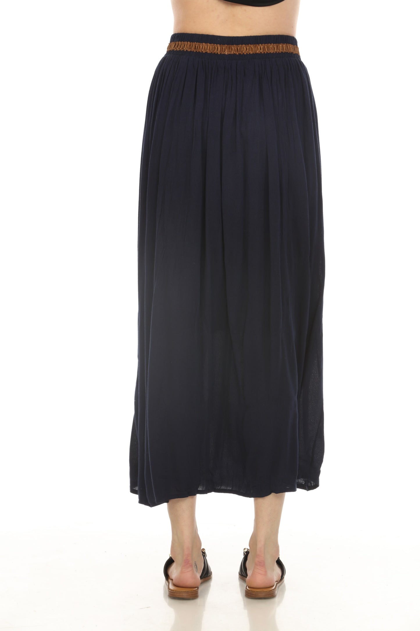 Navy Button Detailed Elastic Waist Skirt