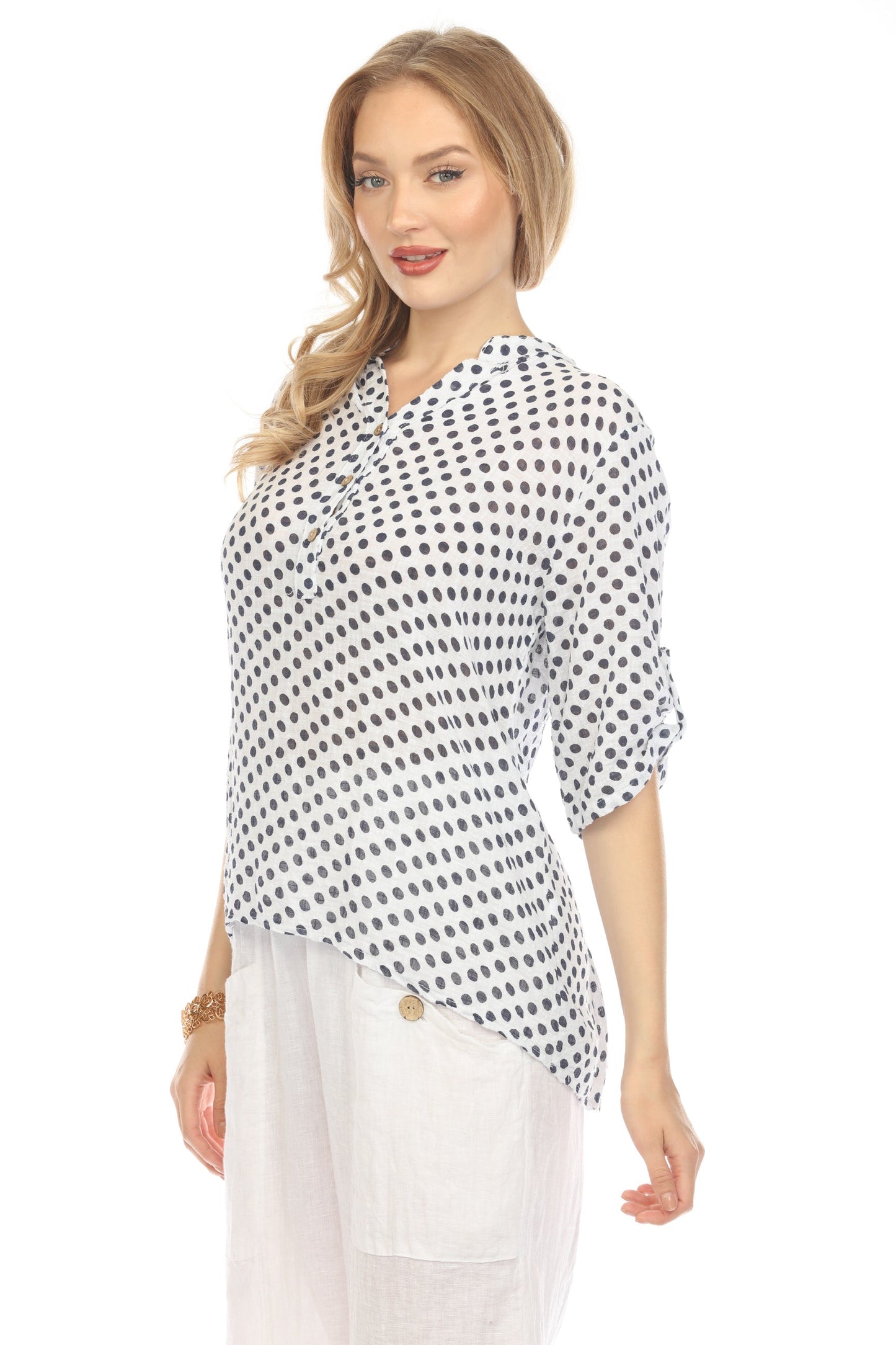 White Polka Dot Quarter Sleeves Button Top