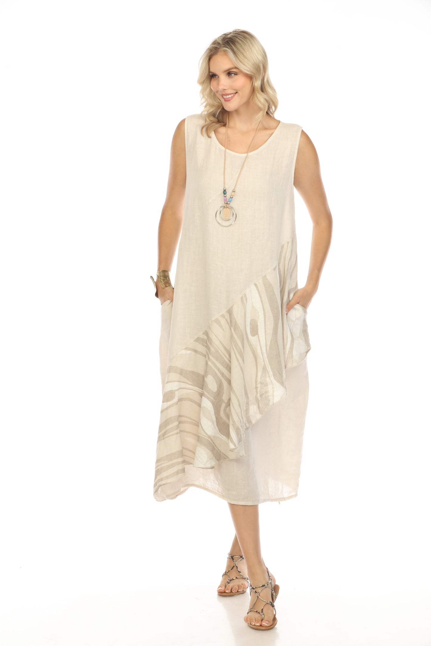 Beige Dress with Pockets and Abstract Design