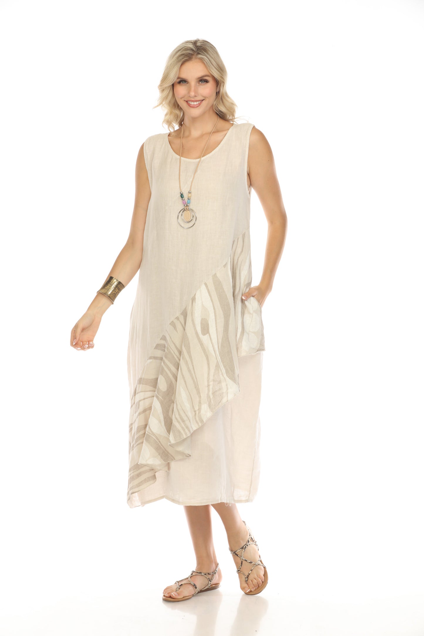 Beige Dress with Pockets and Abstract Design