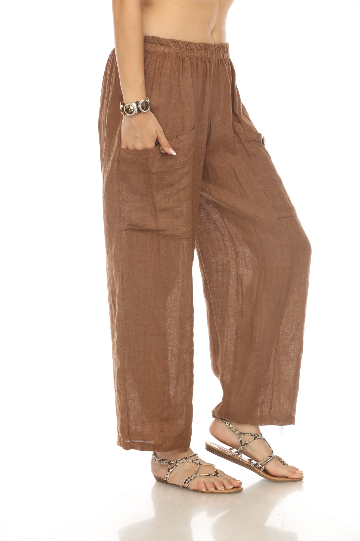 Brown Elastic Waist Wide Leg Pant with Pockets