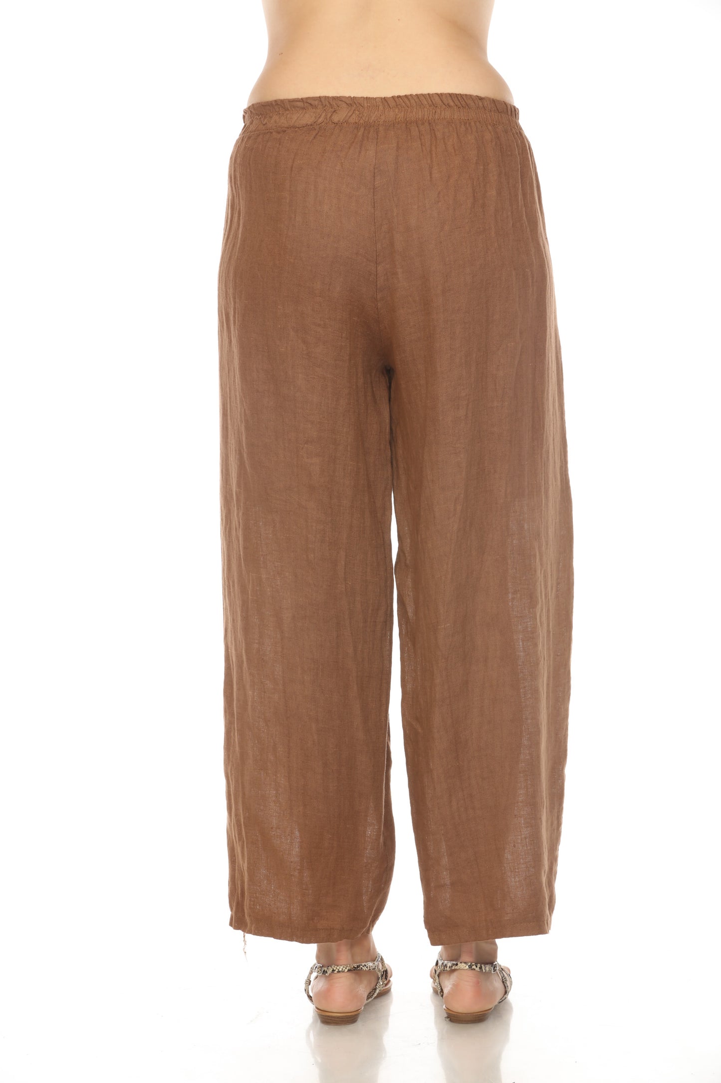 Brown Elastic Waist Wide Leg Pant with Pockets