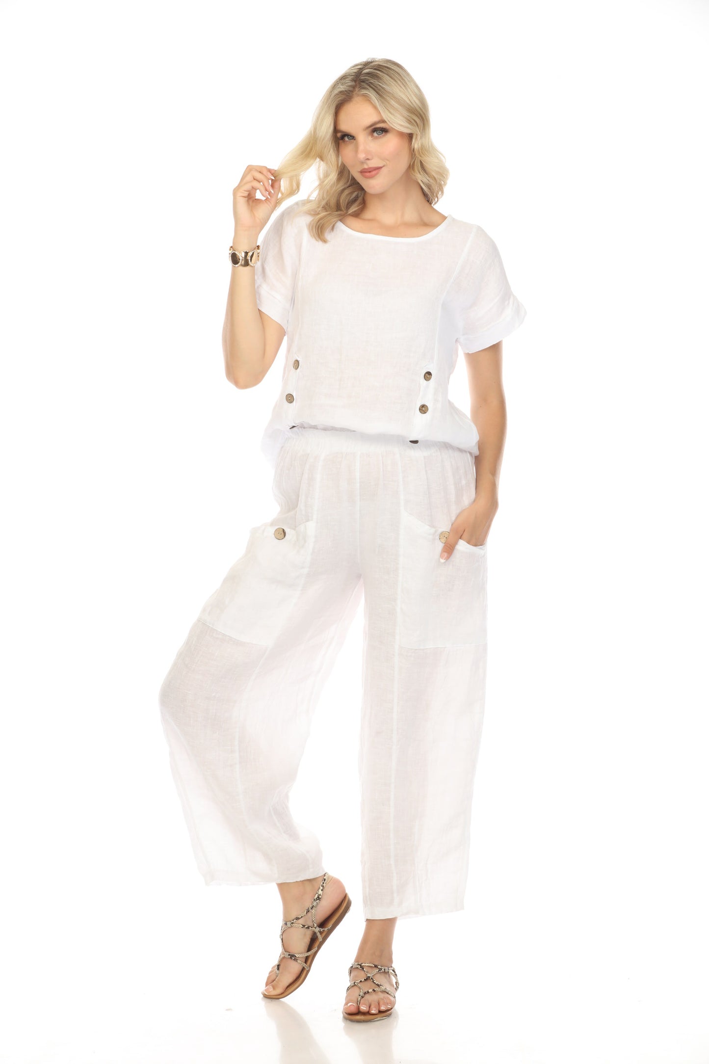 White Elastic Waist Wide Leg Pant with Pockets