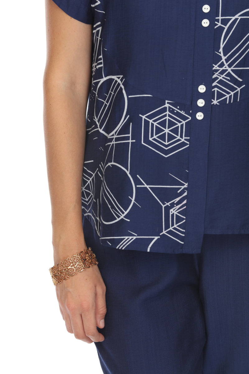 Navy Abstract Print Top Button Detailed