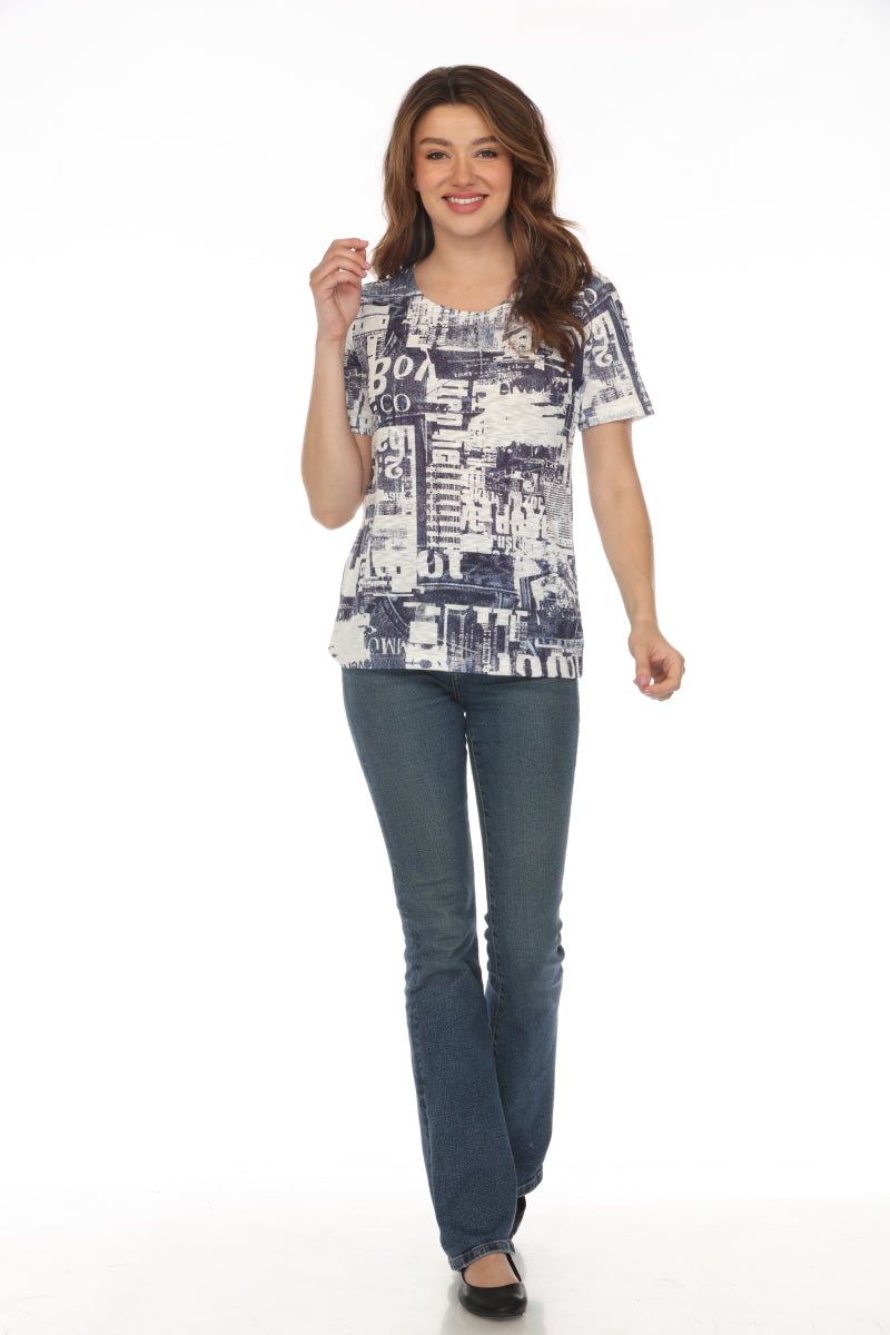 White Navy Graphic Design Print Top