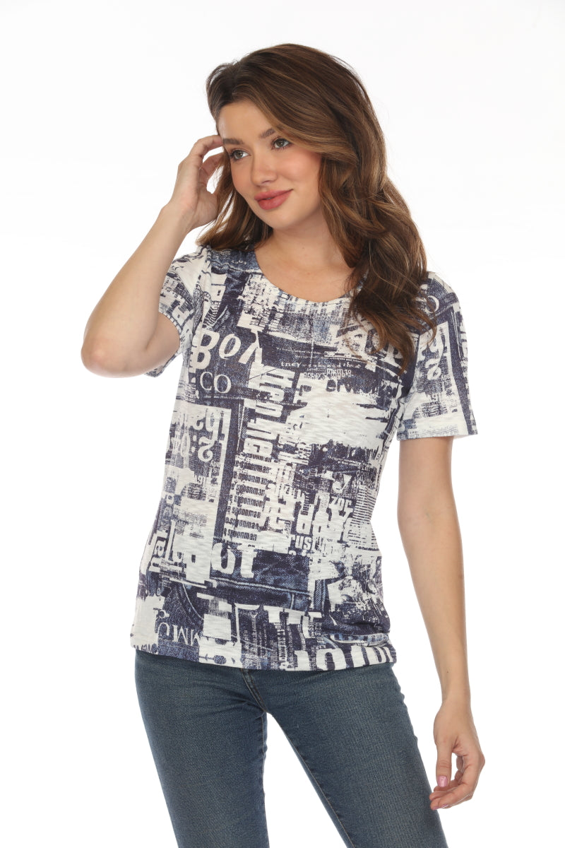 White Navy Graphic Design Print Top