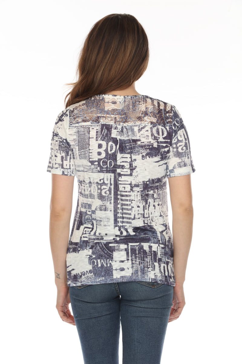 White Navy Graphic Design Print Top