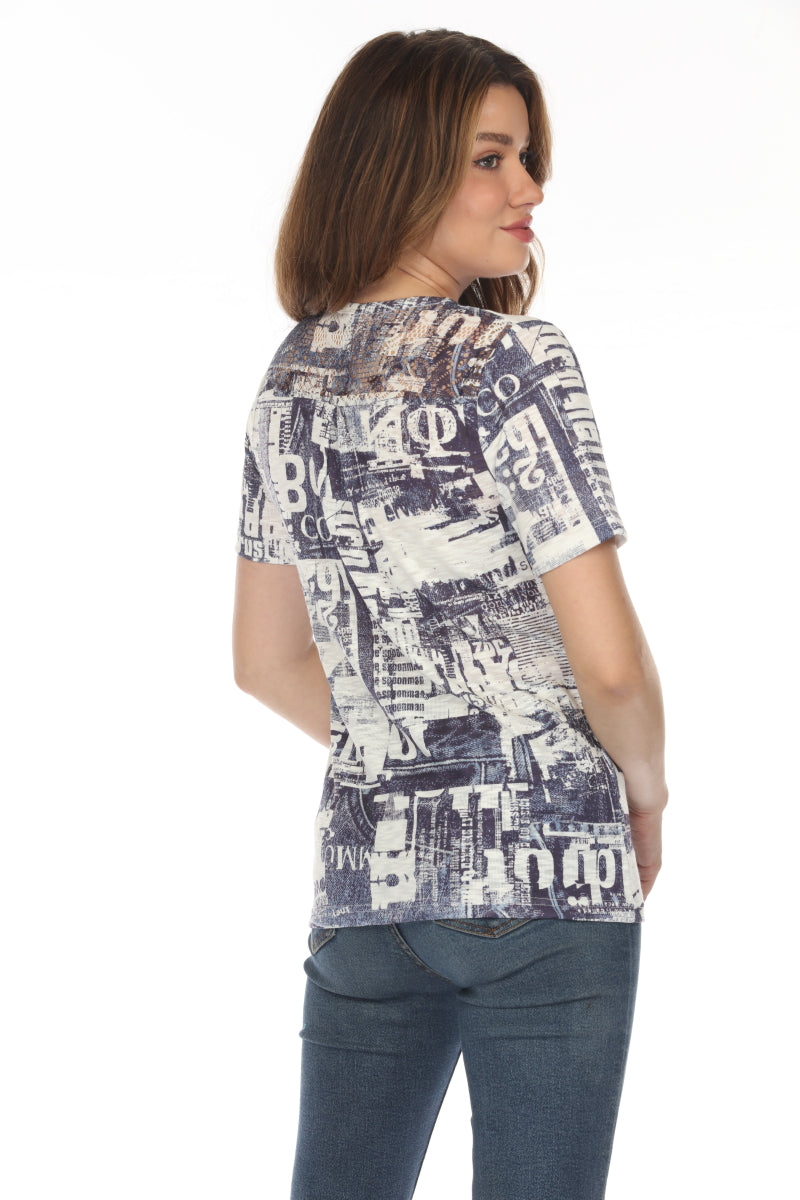 White Navy Graphic Design Print Top