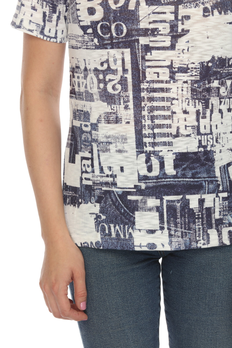 White Navy Graphic Design Print Top
