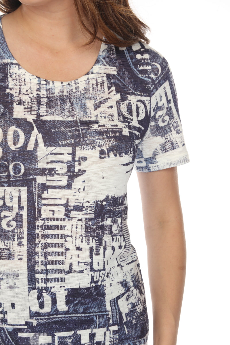 White Navy Graphic Design Print Top