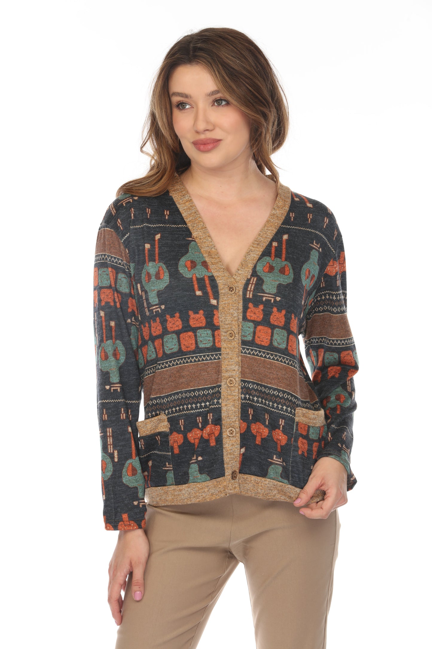 Navy Figure Print Button Up Sweater/Cardigan
