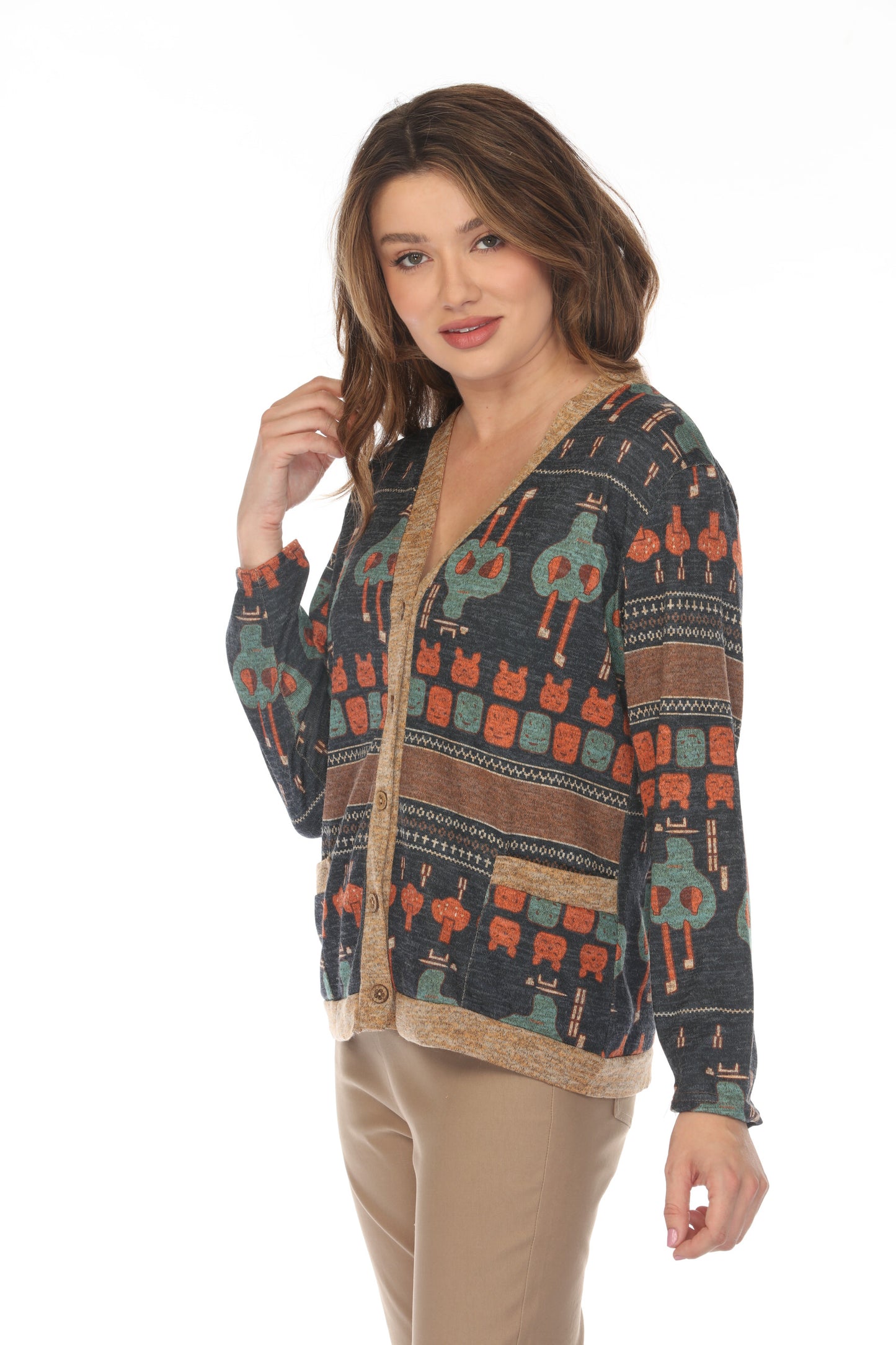 Navy Figure Print Button Up Sweater/Cardigan