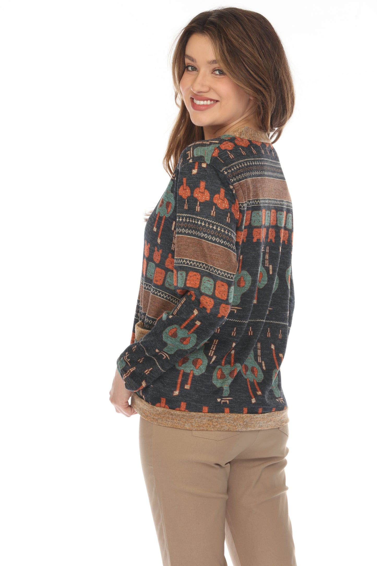 Navy Figure Print Button Up Sweater/Cardigan