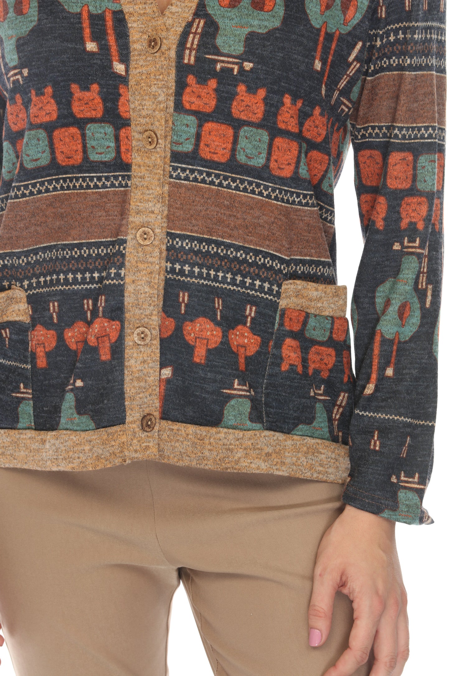 Navy Figure Print Button Up Sweater/Cardigan