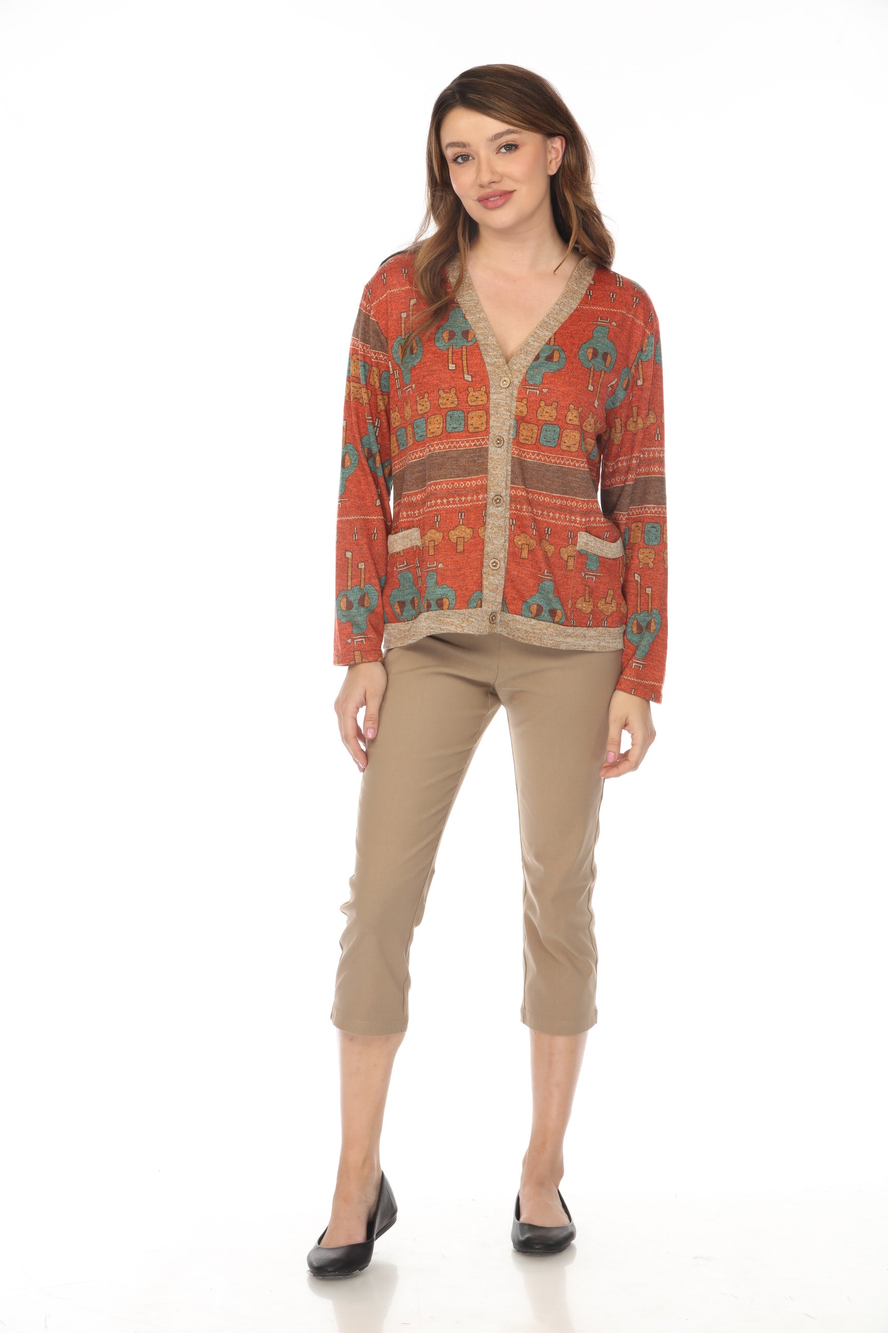 Coral Figure Print Button Up Light Sweater/ Cardigan