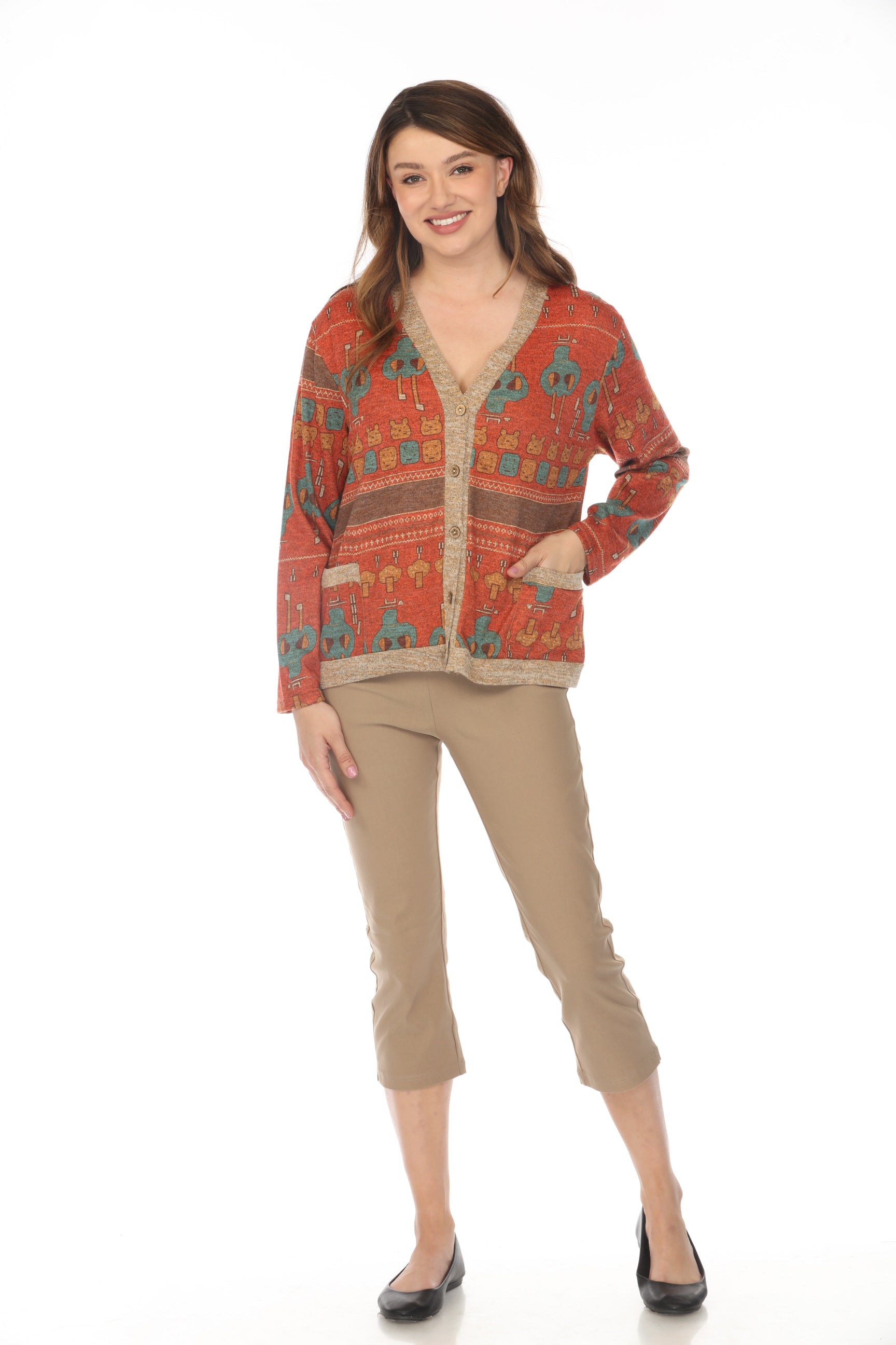 Coral Figure Print Button Up Light Sweater/ Cardigan