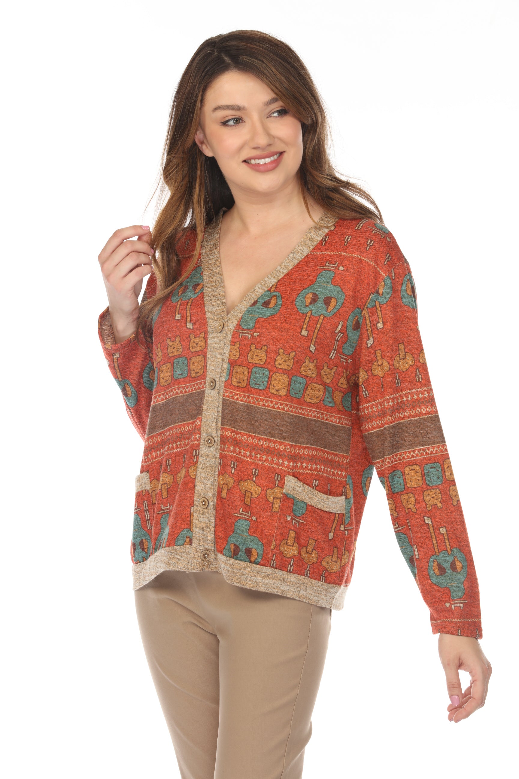 Coral Figure Print Button Up Light Sweater/ Cardigan