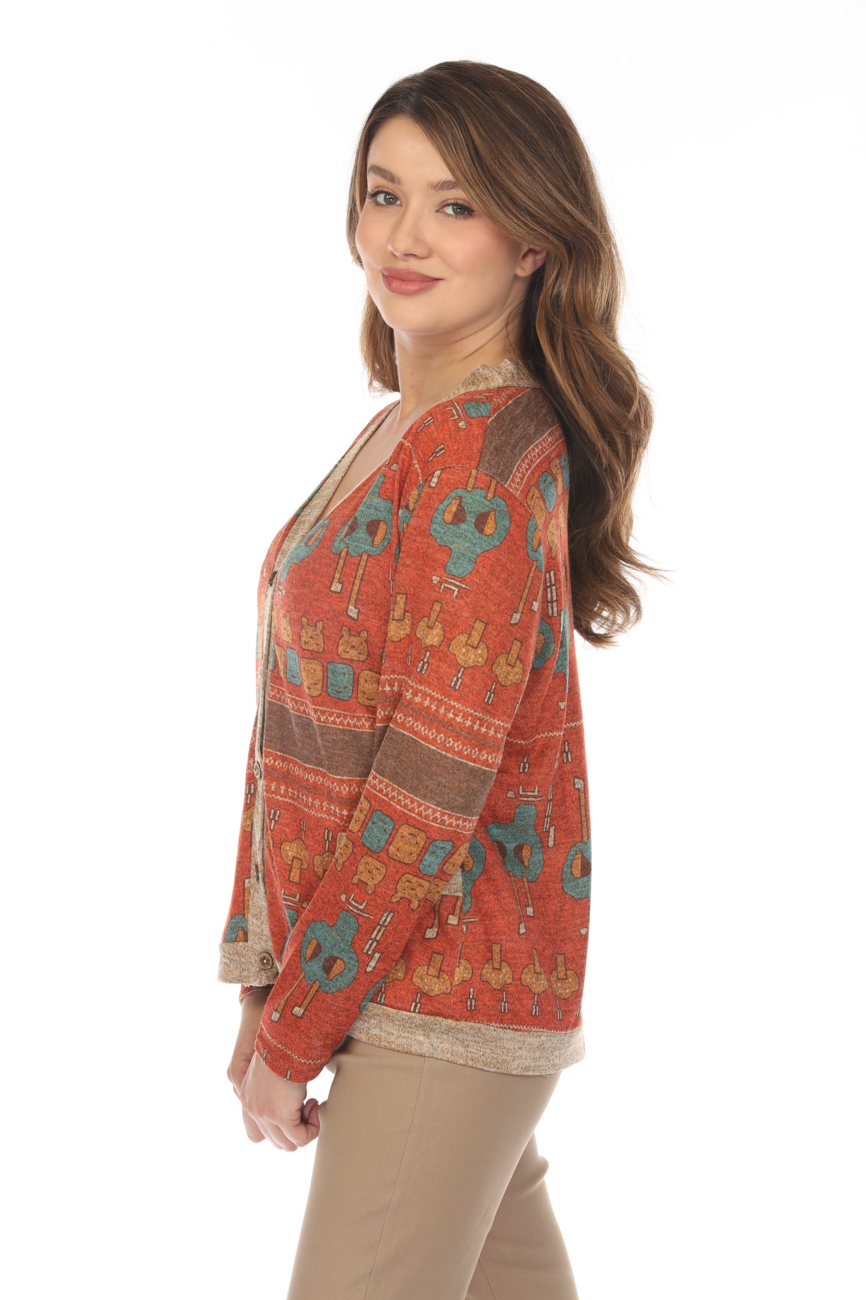 Coral Figure Print Button Up Light Sweater/ Cardigan