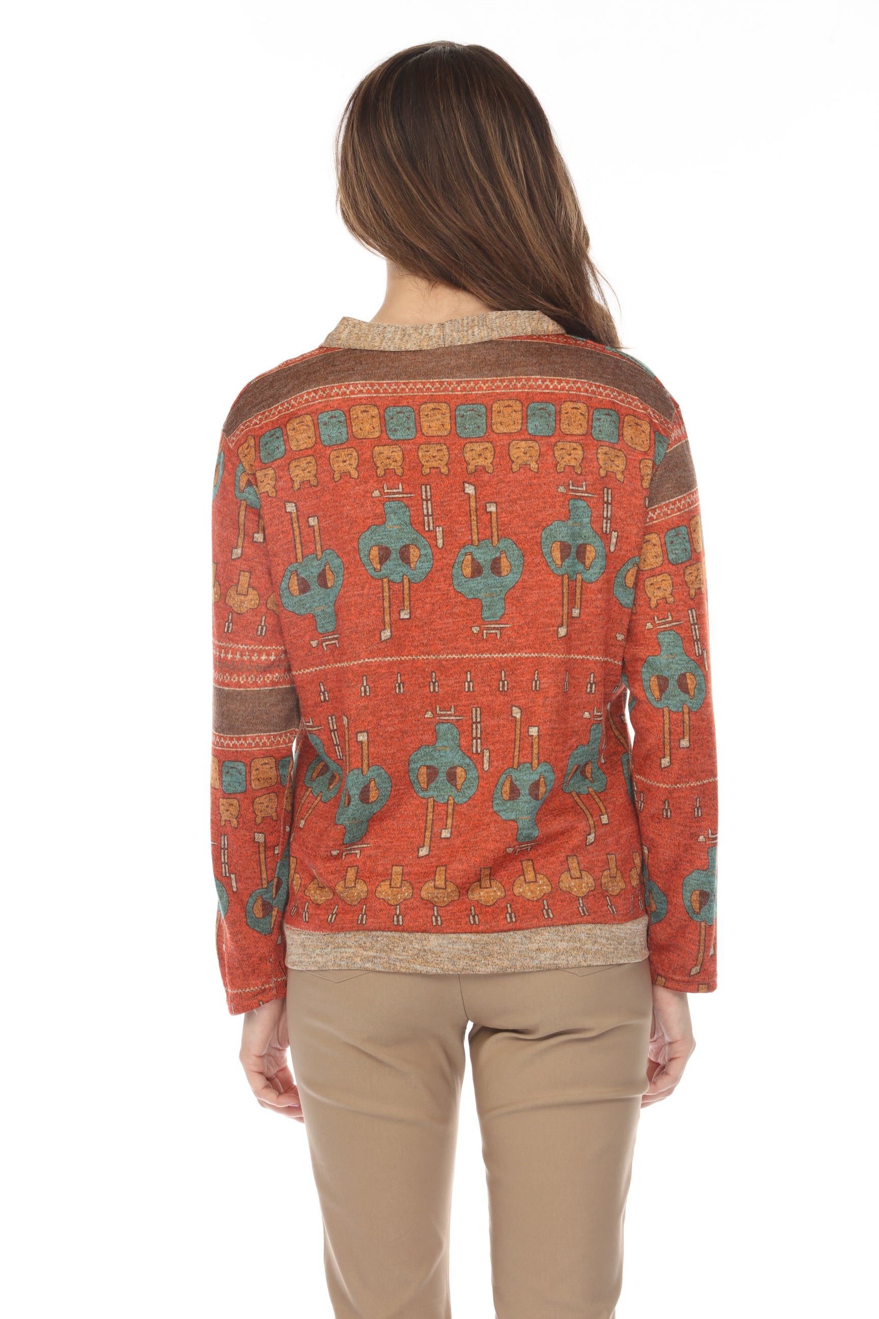 Coral Figure Print Button Up Light Sweater/ Cardigan