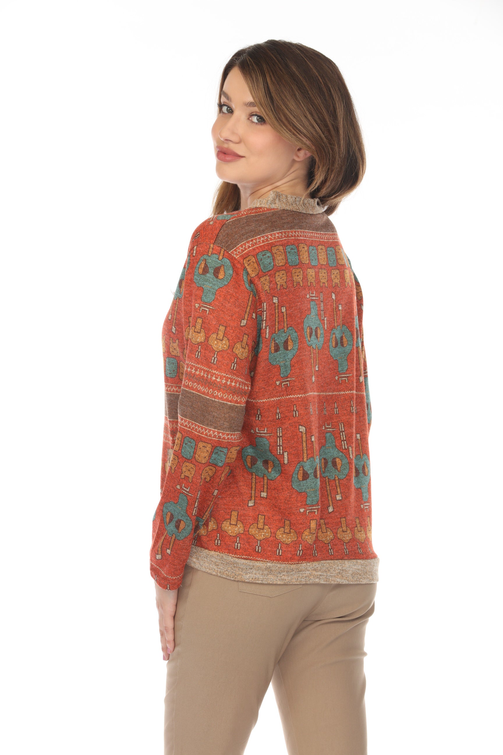 Coral Figure Print Button Up Light Sweater/ Cardigan