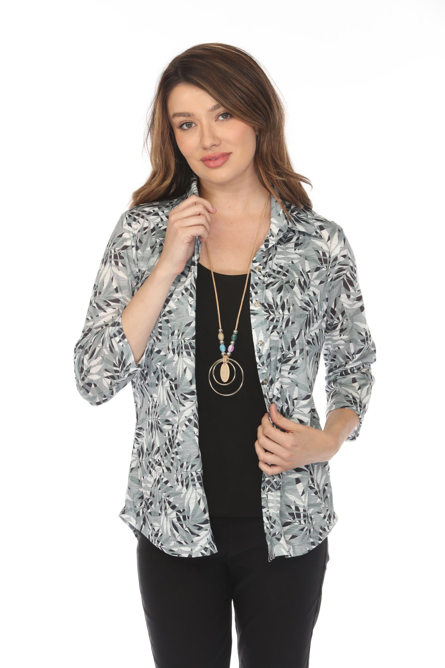 Olive Forest Leaf Print Collared Top/Shirt