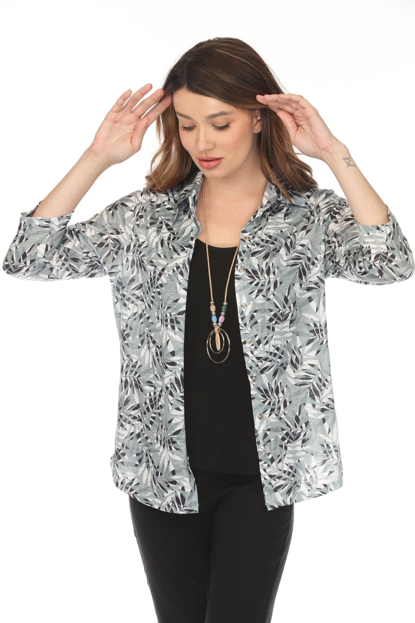 Olive Forest Leaf Print Collared Top/Shirt