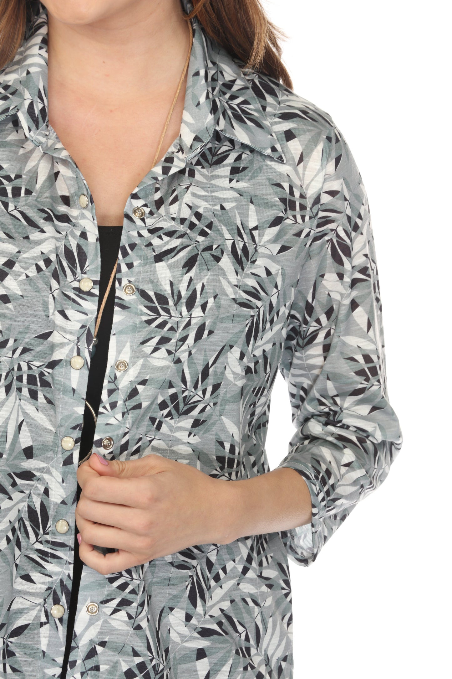Olive Forest Leaf Print Collared Top/Shirt