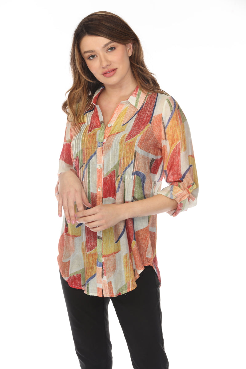 Beige Multi Roll Up Sleeves Top/Shirt