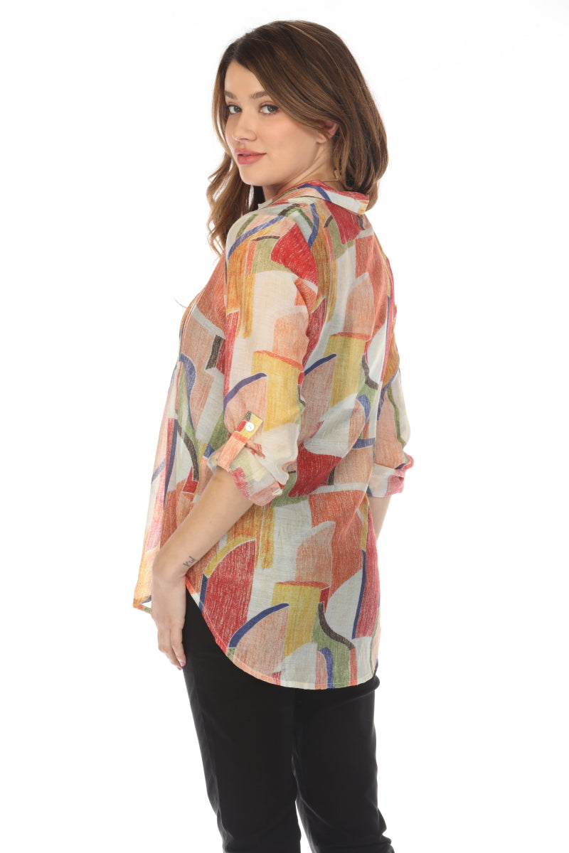 Beige Multi Roll Up Sleeves Top/Shirt