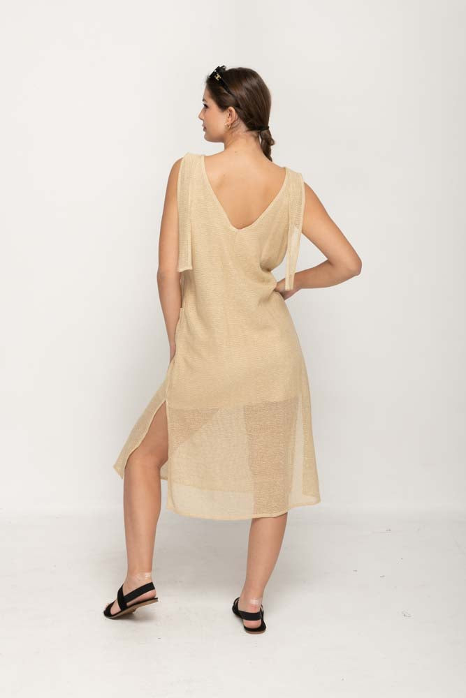 Sleeveless Beige Pocket Dress