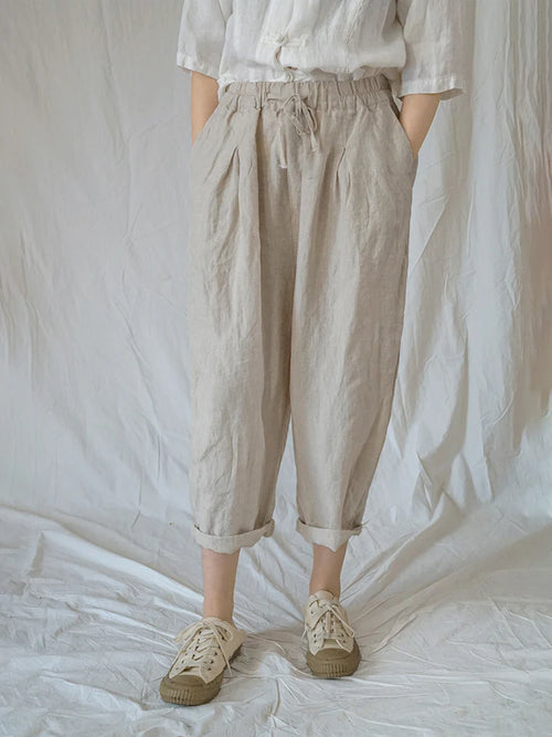 Taupe Cropped style Drawstring Pockets Pant