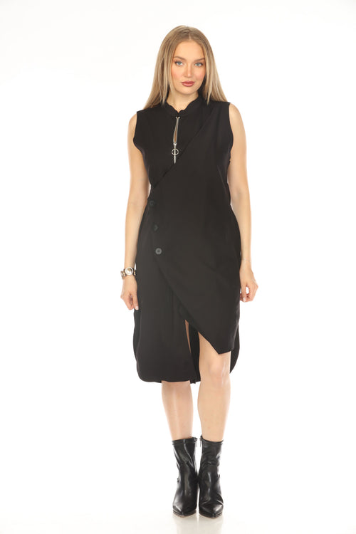 Black Button Detailed Dress With Zipper