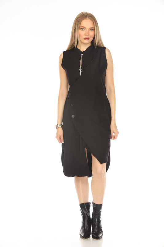 Black Button Detailed Dress With Zipper