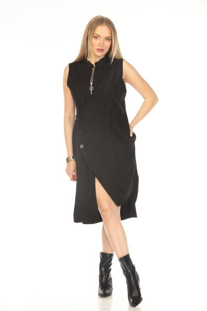 Black Button Detailed Dress With Zipper