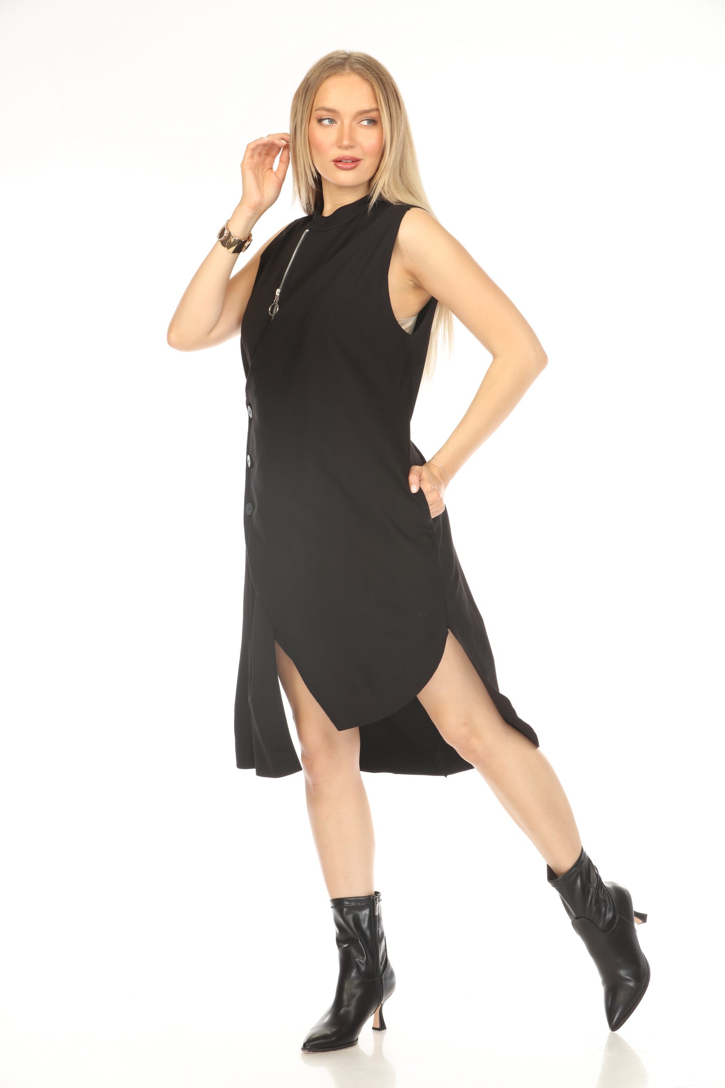 Black Button Detailed Dress With Zipper