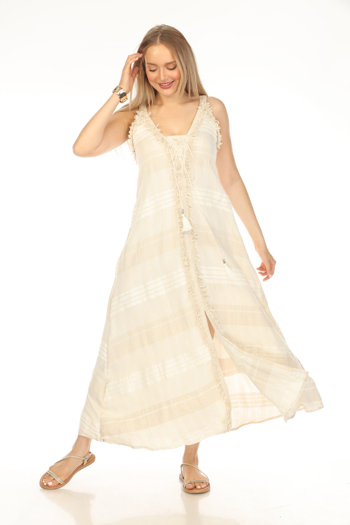Beige Plaid Fringe Flannel Fusion Dress
