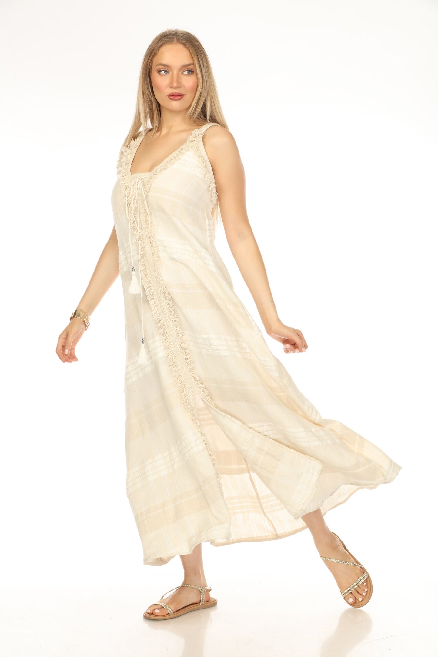 Beige Plaid Fringe Flannel Fusion Dress