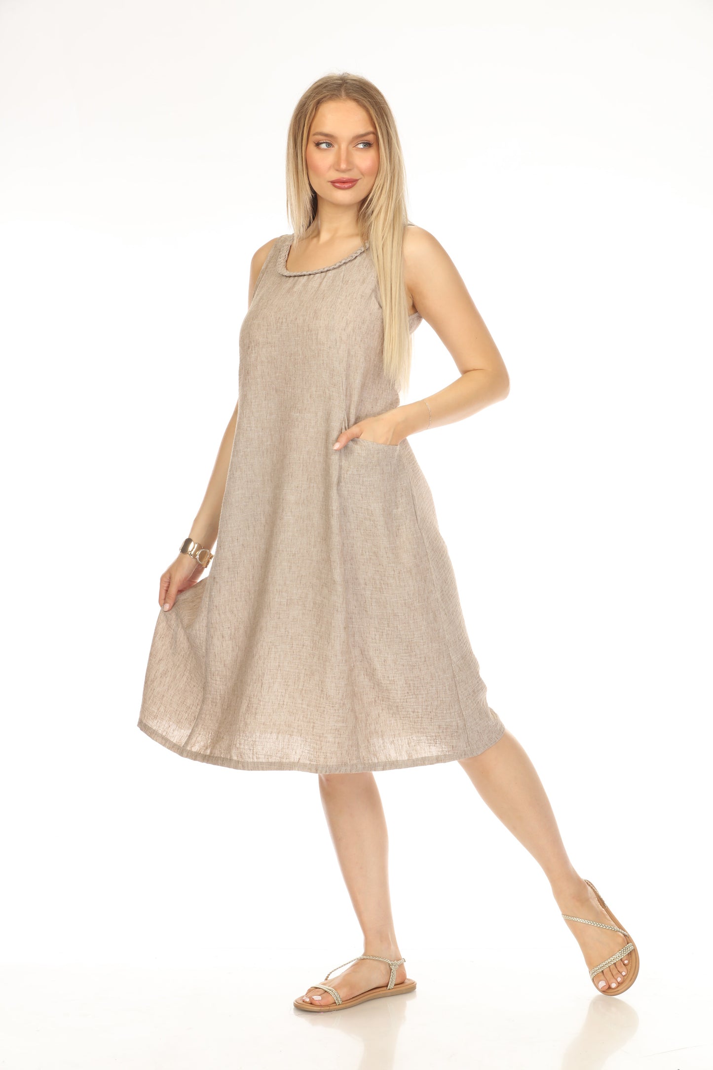 Brown  sleeveless Pockets Dress