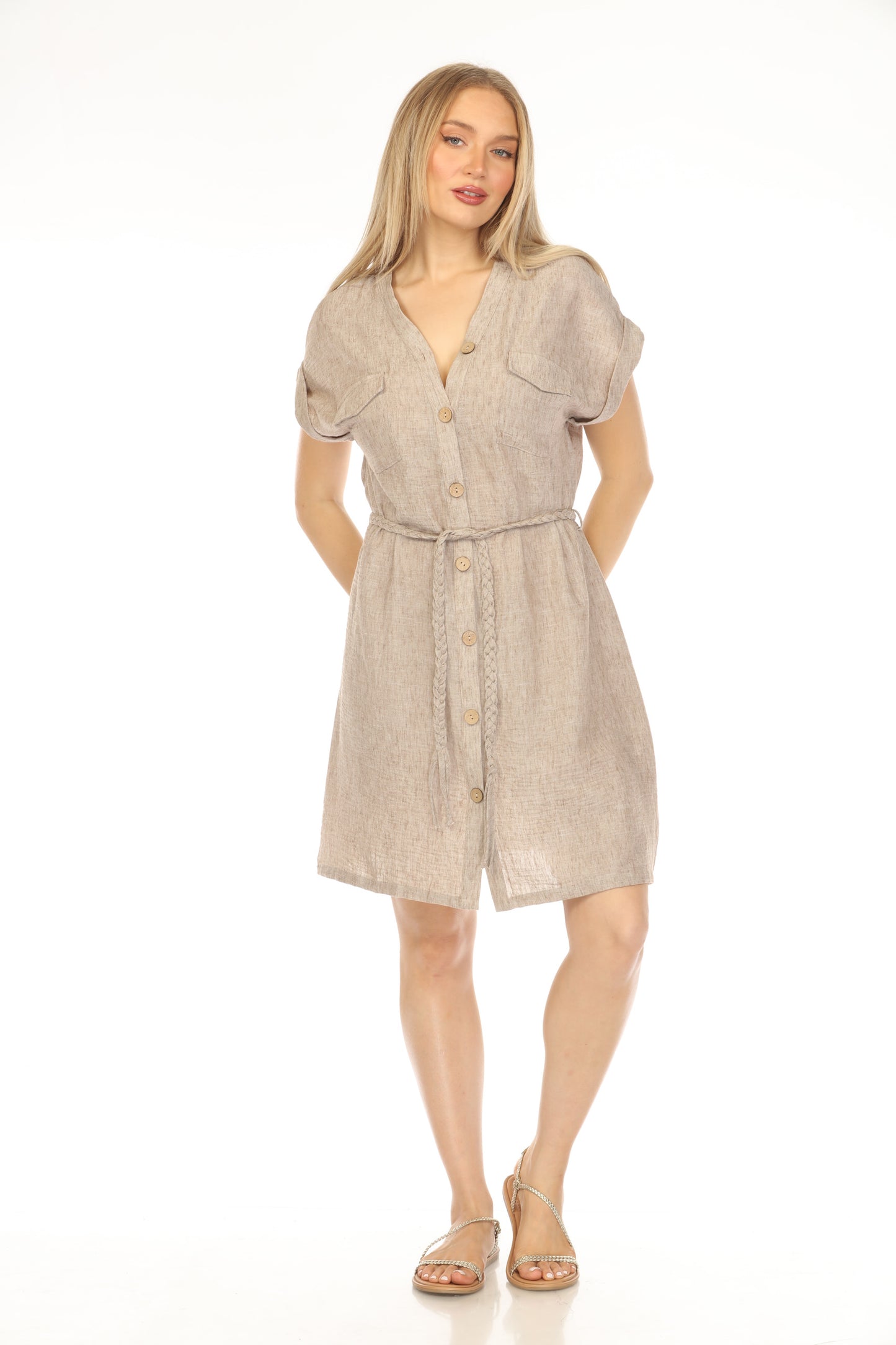 Brown Buttoned Tie Waist Dress