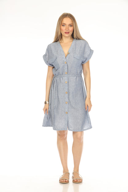 Denim Blue Buttoned Tie Waist Dress