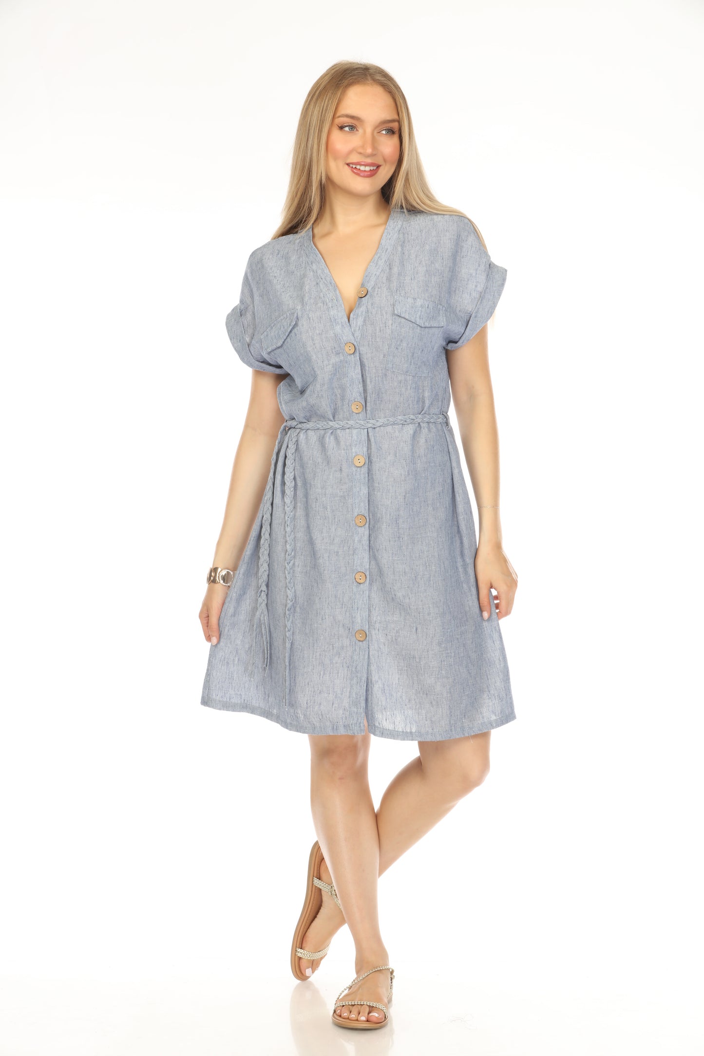 Denim Blue Buttoned Tie Waist Dress