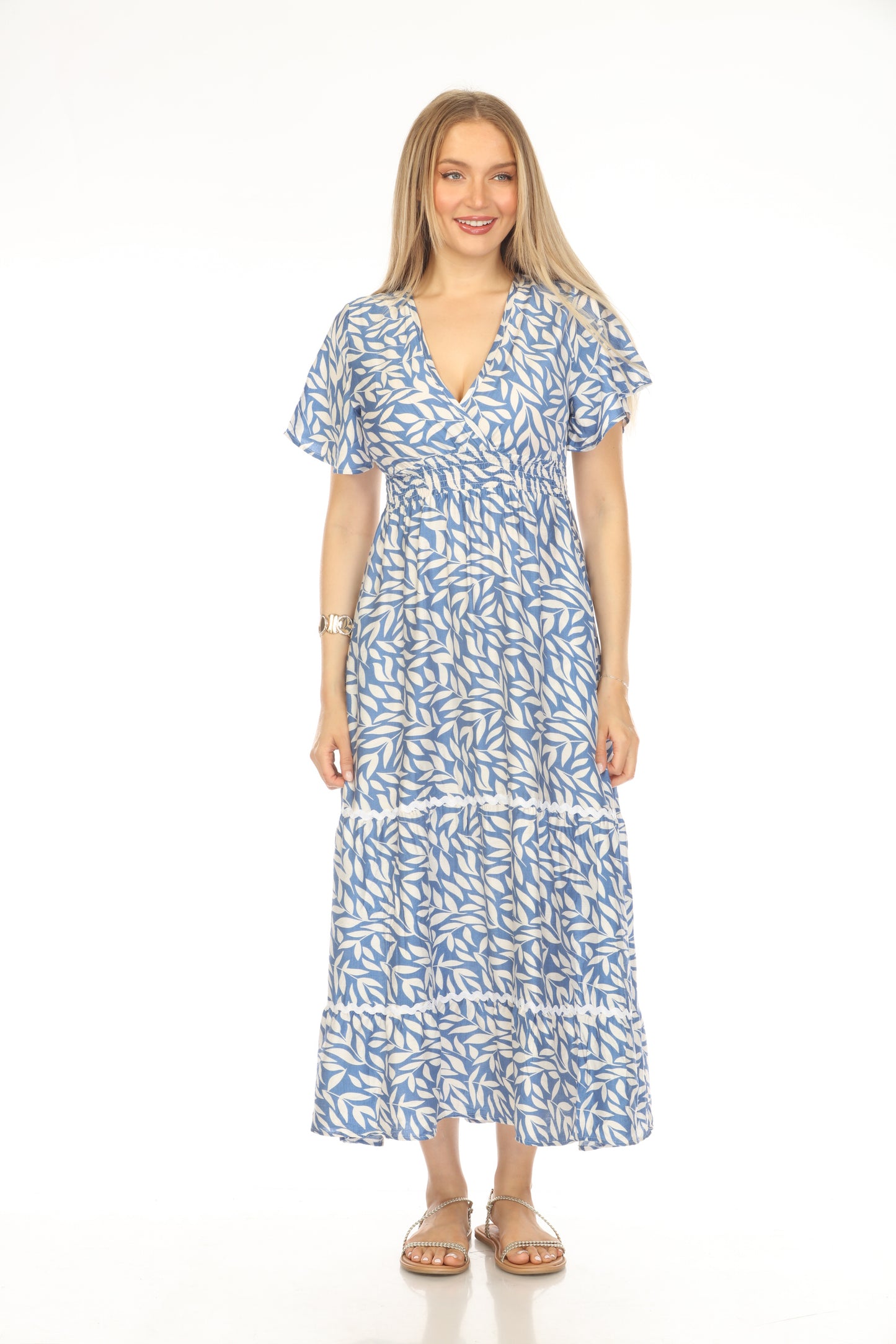 Blue White Leaf Print Elastic Waist Dress