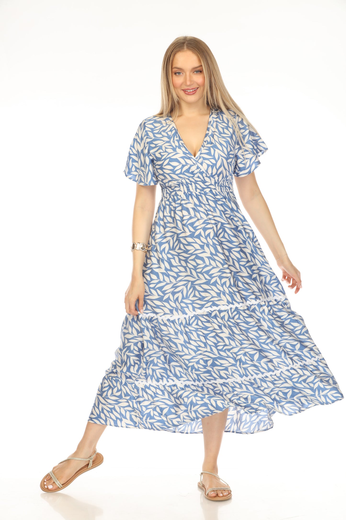 Blue White Leaf Print Elastic Waist Dress