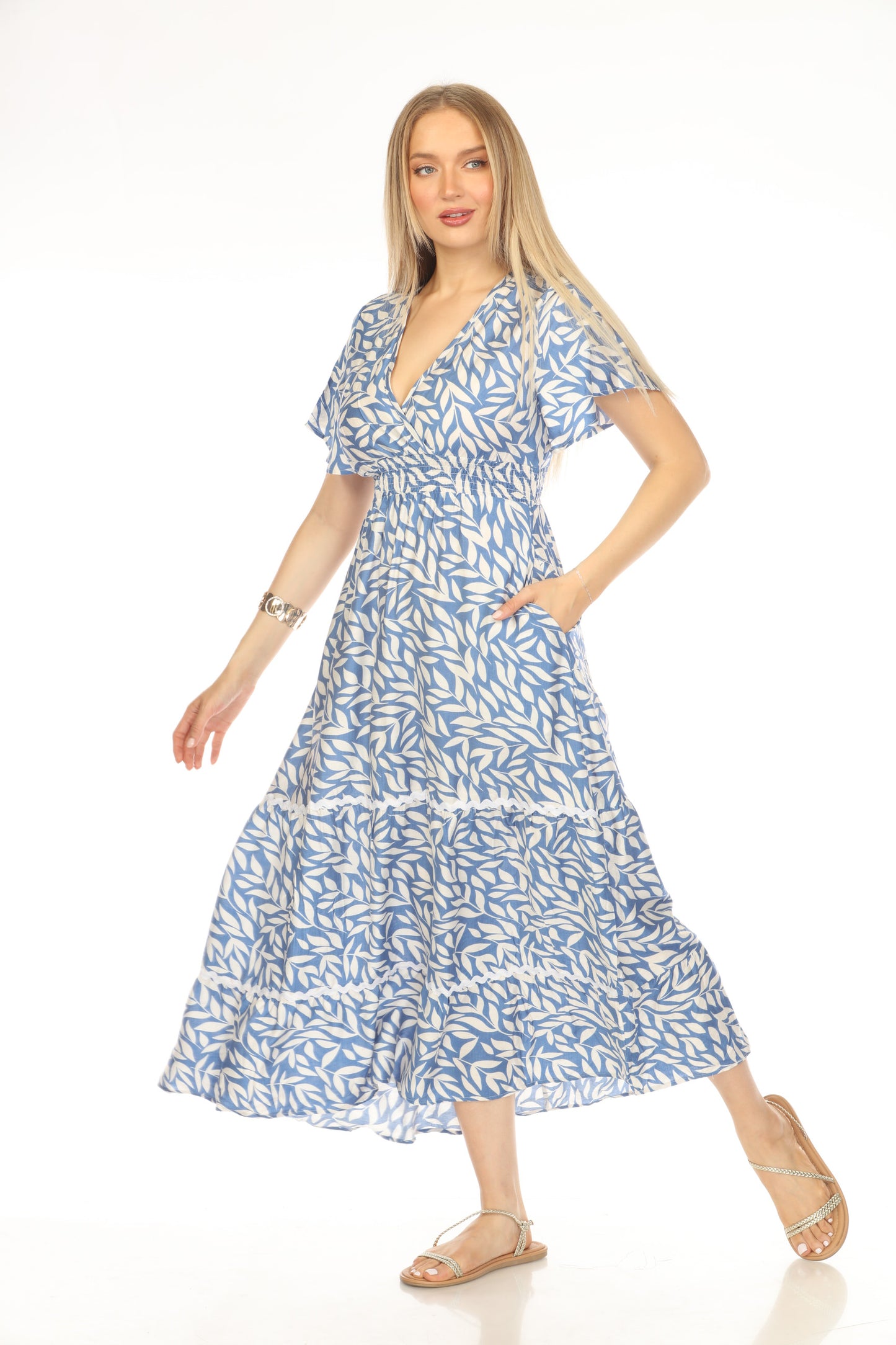 Blue White Leaf Print Elastic Waist Dress