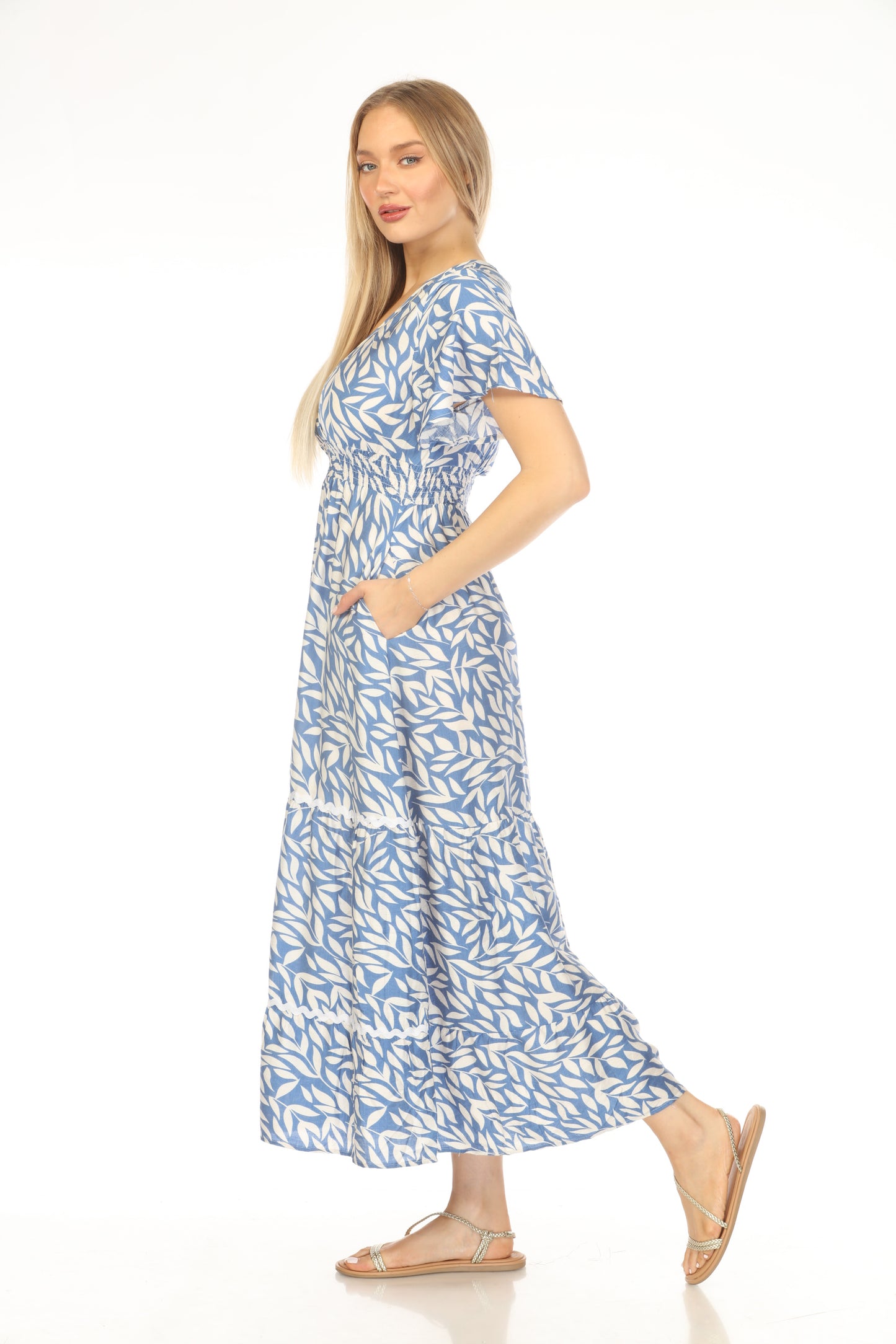 Blue White Leaf Print Elastic Waist Dress