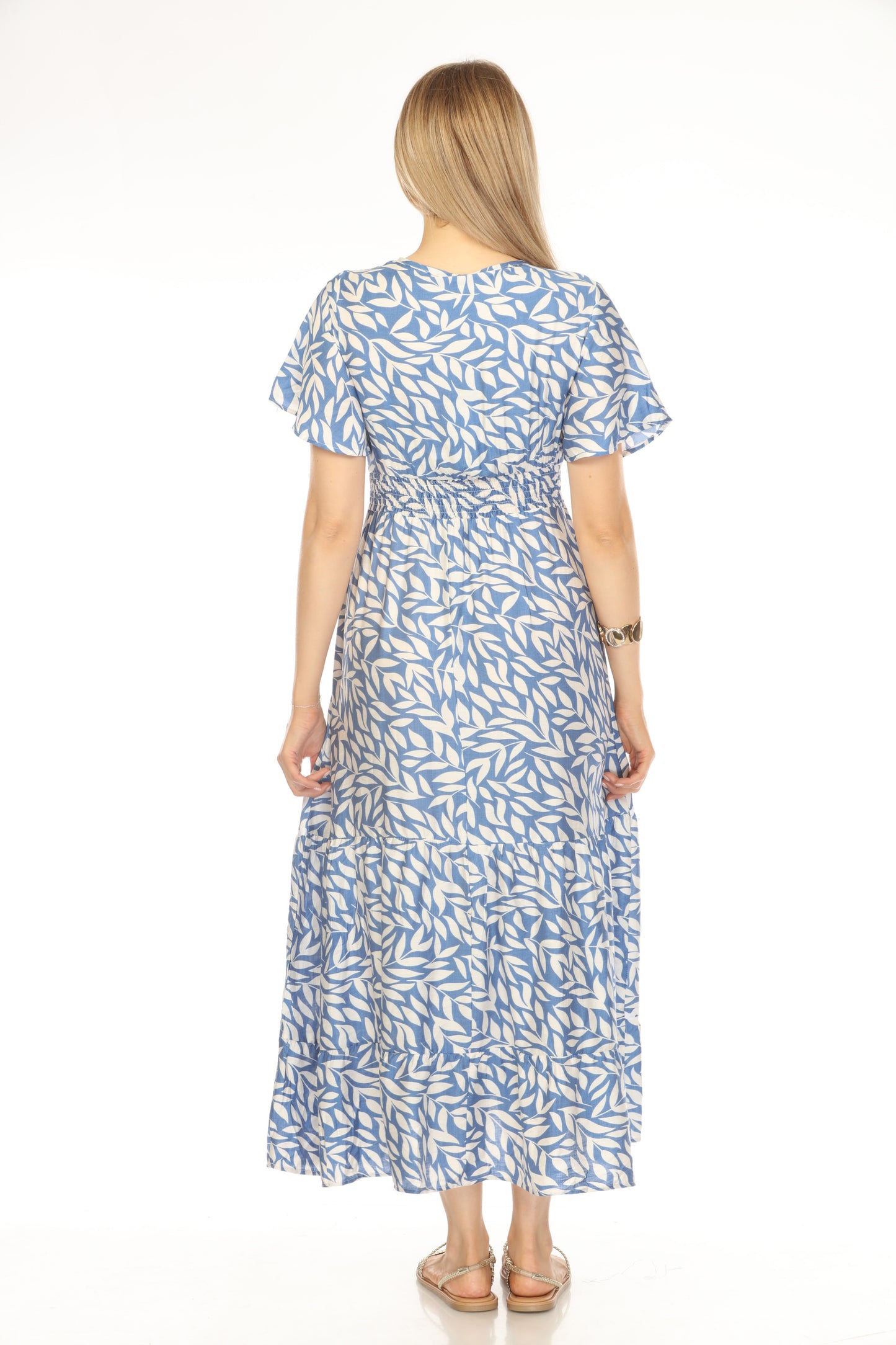 Blue White Leaf Print Elastic Waist Dress
