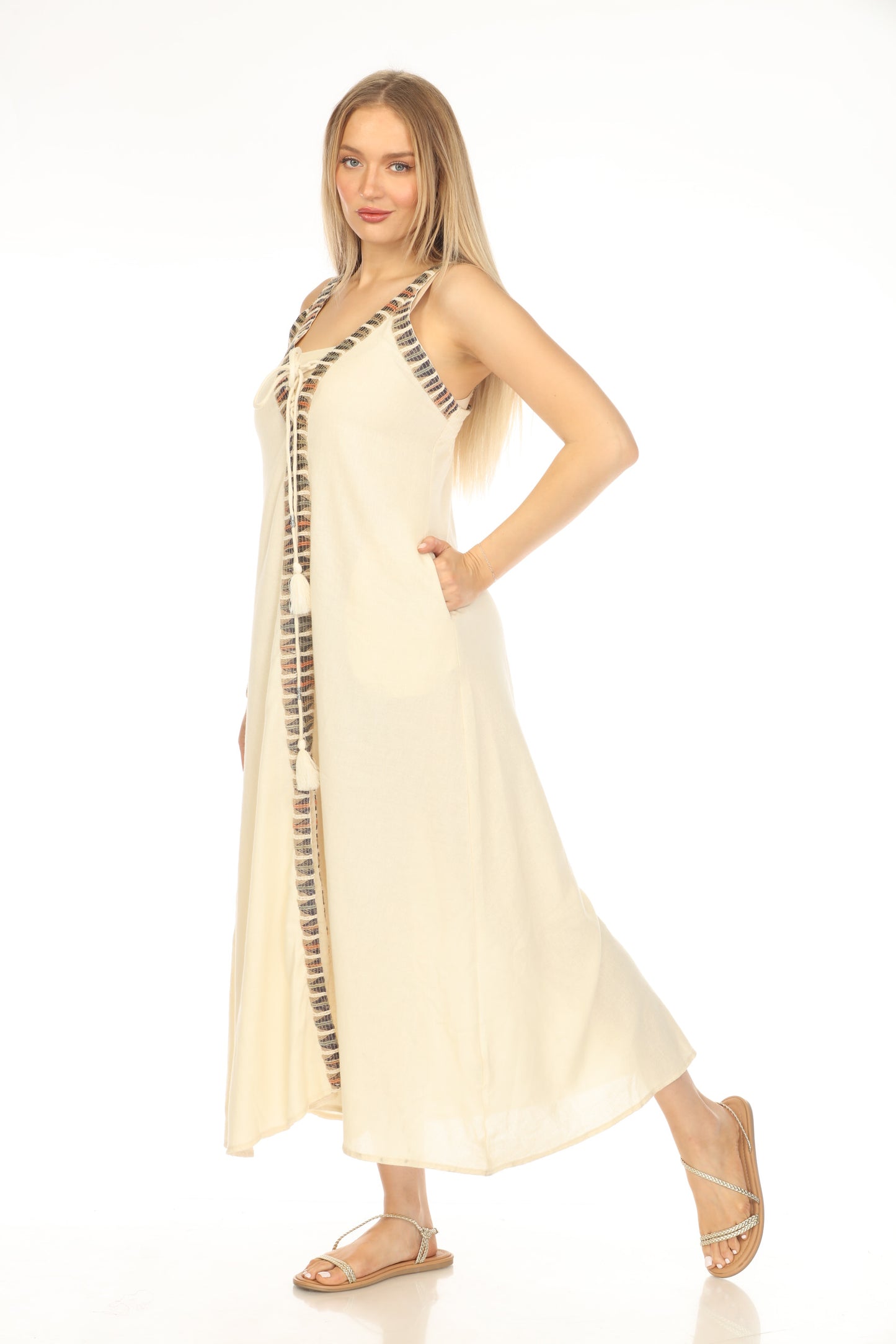 Beige V-Neck Embroidered Tie Front Dress