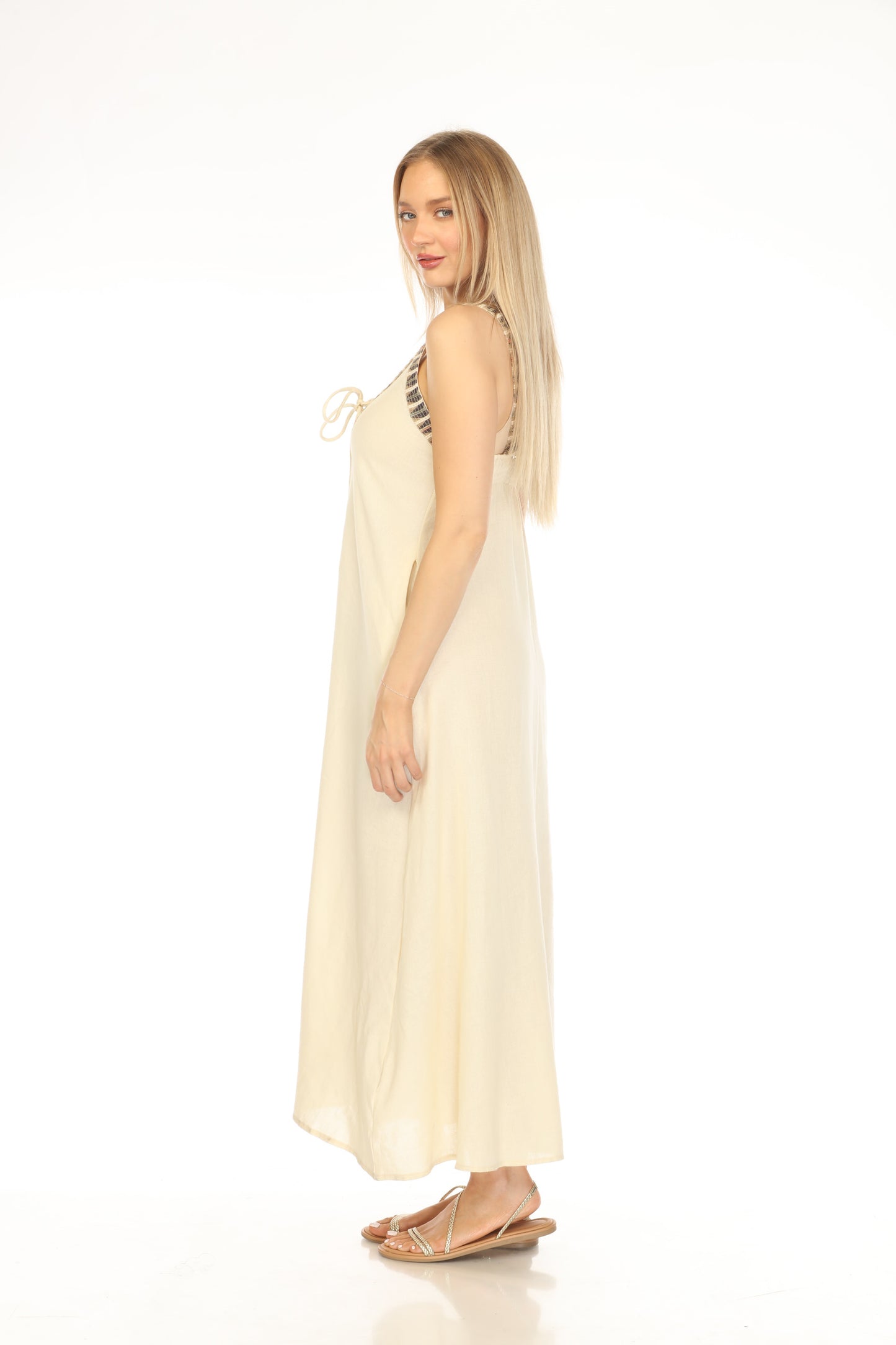 Beige V-Neck Embroidered Tie Front Dress